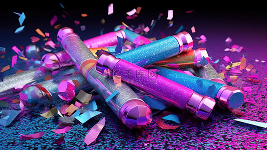 云雾缭绕金粉背景图片_色彩缤纷的 3D 烟花火箭，带有紫色蓝色和粉色五彩纸屑，非常适合庆祝任何节日场合