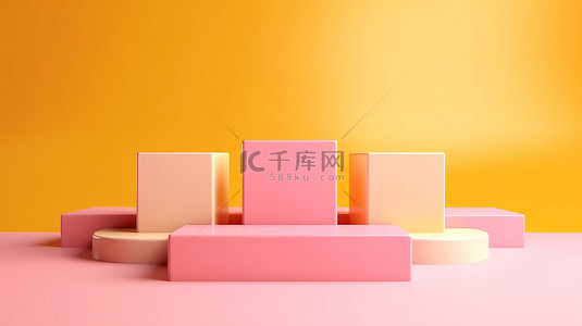 充满活力的立方体展示架，位于俏皮的粉色和黄色六边形背景或阳光明媚的夏日环境 3D 渲染上