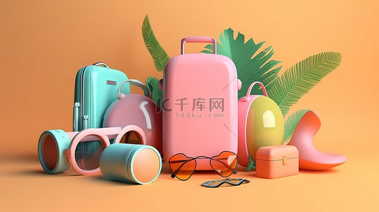简约时尚粉色背景图片_色彩缤纷的夏季旅行配件的简约 3D 渲染
