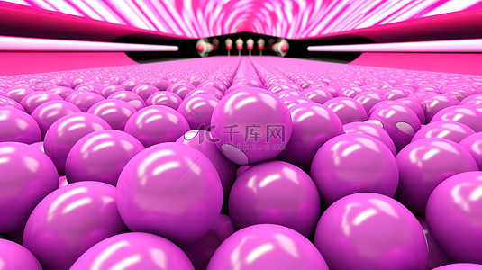 充满活力的粉色保龄球，周围环绕着紫色背景 3D 渲染上的彩虹