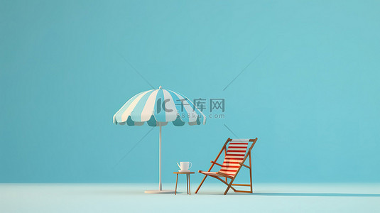 主题旅行背景图片_蓝色背景上的海滩座椅和遮阳伞的简单视图，强调夏季主题与 3D 渲染