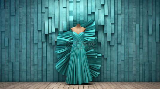 海蓝宝石砖墙背景与蓝色可折叠木裙屏幕 3D 渲染