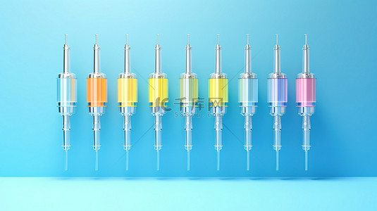 明亮蓝色背景下注射器中彩色疫苗的柔和彩色极简主义 3D 渲染