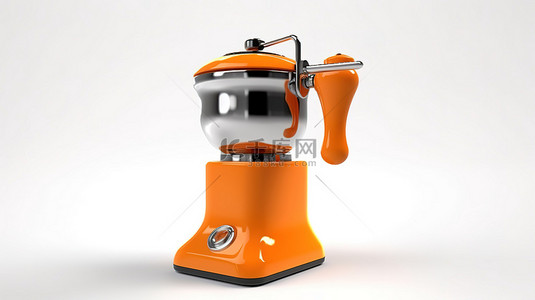 咖啡元素背景图片_带有橙色咖啡研磨机的白色背景的 3D 渲染