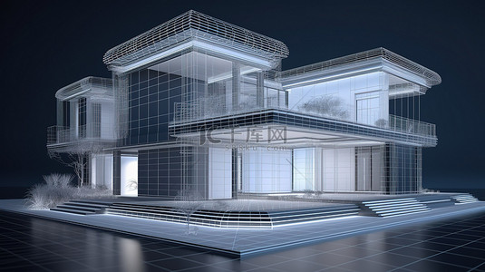 令人惊叹的别墅以 3D 渲染方式展示，将逼真的视觉效果与线框设计融为一体