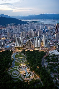 这个城市背景图片_从这个公园的上方鸟瞰亚洲大城市