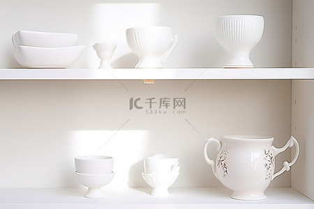 茶杯子背景图片_白色架子上有一些杯子和碟子
