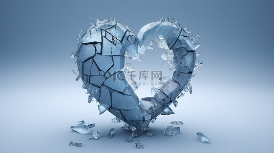 破碎的冰心 破碎和合并的心的 3D 插图