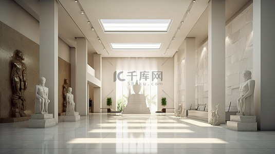 公司大堂背景图片_时尚现代大堂设计中接待区和装饰雕像的 3D 渲染