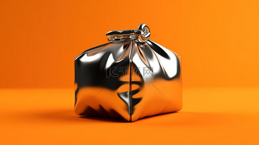 带单色铝袋的橙色背景的 3D 渲染