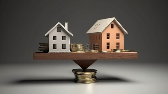 房屋和投资资金在混凝土板上平衡的概念 3D 渲染