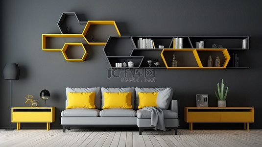 3D 渲染客厅中以黄色为主色调的几何装饰和灰色家具