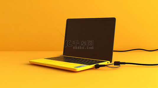 带有笔记本电脑和空白空间的黄色背景计算机网络连接的 3D 渲染