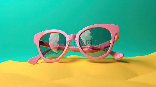 绿松石框偏光太阳镜，带粉色镜片，是海滩度假和派对的完美眼镜 3D 渲染样机横幅在充满活力的黄色背景上