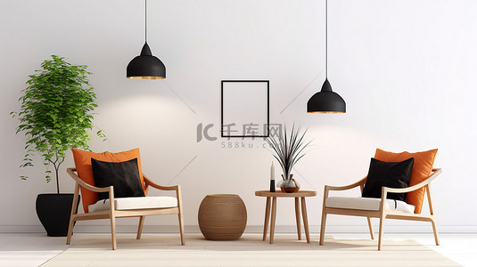 白色背景上配有木制台灯和扶手椅的客厅的 3D 渲染