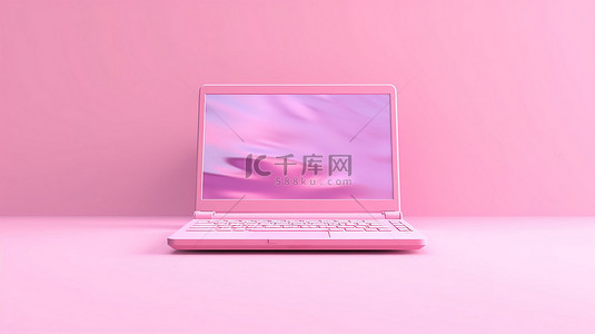 粉红色笔记本电脑在柔和背景下的可爱 3D 渲染