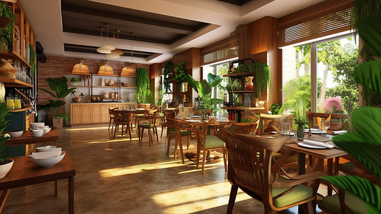 客餐厅空间背景图片_餐厅或咖啡厅用餐空间的 3D 渲染