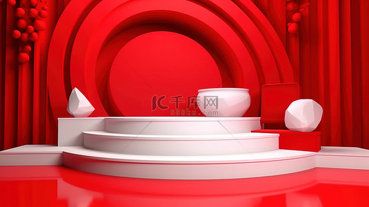 3D 渲染中的红色和白色舞台产品，具有充满活力的红色背景，非常适合横幅设计