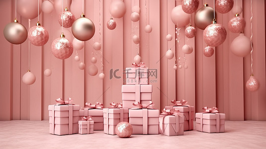 3D 渲染的小玩意形礼品盒，墙上装饰着浅粉色花环和节日装饰品