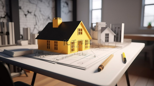 房子平面3d背景图片_建筑师的桌子上有房屋模型和 3D 标记
