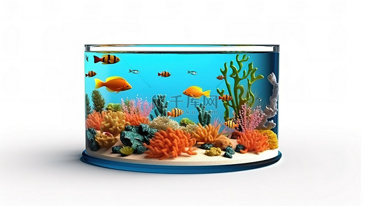 孤立的海洋与鱼群在里面游泳的 3D 插图