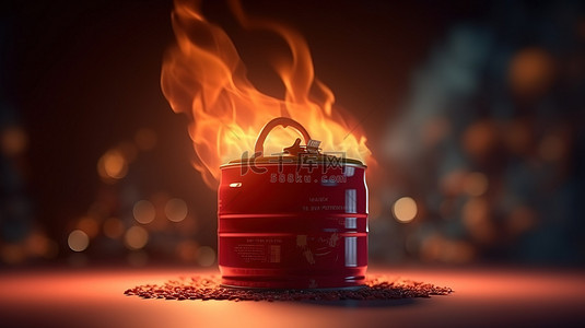 火红色汽油罐的 3D 渲染，烟雾腾腾，代表价格上涨