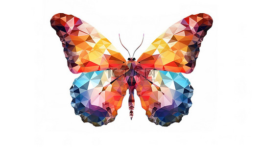 多边形风格低聚蝴蝶的孤立白色背景 3D 渲染