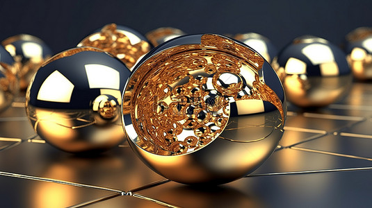黄金商圈背景图片_半切形式的闪闪发光的球体的 3D 渲染