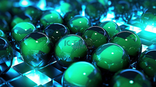 明亮背景上的蓝色和绿色 3D 球体和立方体