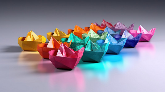 一群充满活力的 3D 纸船，装饰着彩虹色调