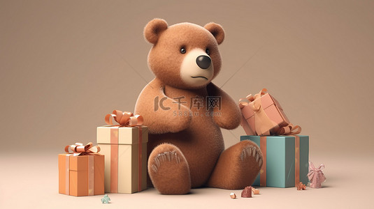 可爱的棕熊被礼品盒包围，令人惊叹的 3D 渲染