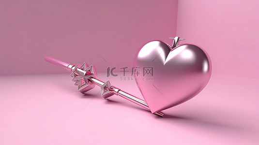 3D 渲染粉色情人节概念心形箭头，带金属饰面