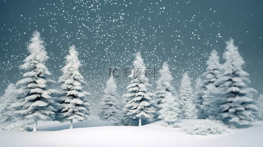 白雪风景背景图片_寒冷的风景，有白雪覆盖的松树和飘落的雪花，具有充足复制空间的 3D 渲染图像