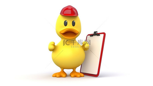 可爱的黄色卡通鸭子人物在 3d 创建的空白背景上拿着红色剪贴板纸和铅笔