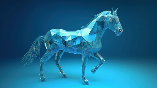 蓝色背景 3D 渲染上抽象线框中的低聚马