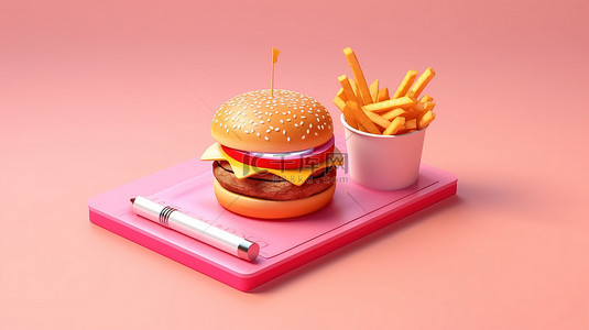 带有汉堡包和炸薯条的盘子的粉红色 3D 渲染，并附有剪贴板