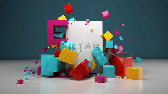 商业设计灵感 3D 渲染中空白卡片上的彩色几何元素