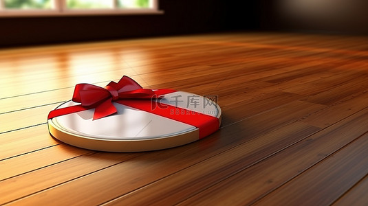 使用 3D 渲染创建的木桌上的红丝带和蝴蝶结装饰空白圆圈销售标签