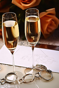 笛子背景图片_有结婚戒指和卡片的香槟笛子