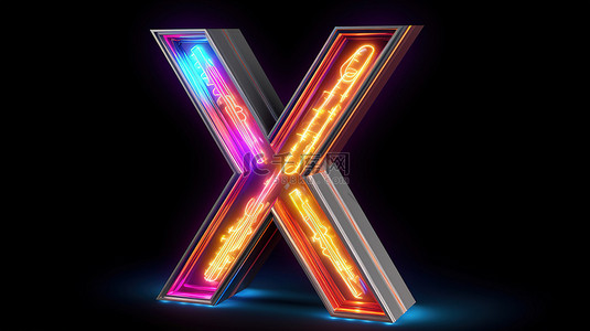 字母设计背景图片_3d 插图隔离霓虹灯复古光字母 x 在黑色背景上与剪切路径