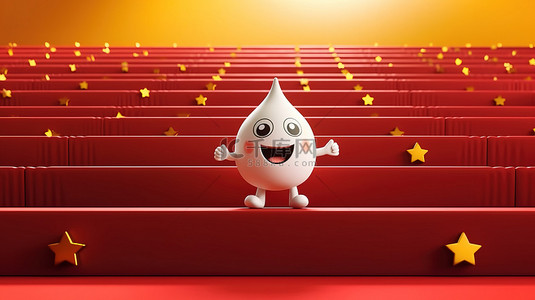一个白色卡通人物爬上红地毯楼梯走向金色星星的 3D 渲染