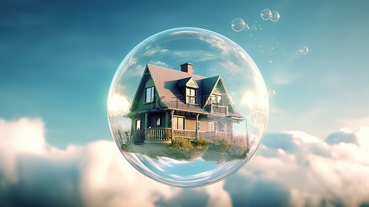萌娃童装背景图片_气泡包围的房子在天空中翱翔的 3D 图像