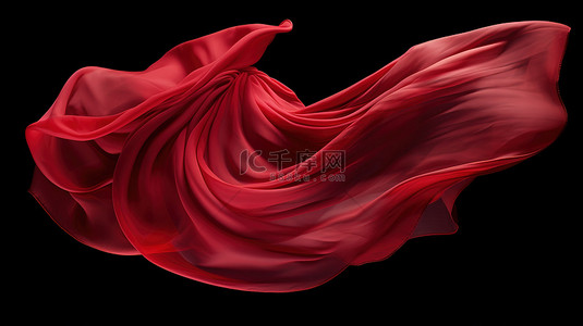 黑色背景下在风中翱翔的红色织物的 3D 渲染