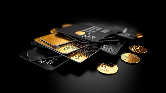 金钱银行背景图片_信用卡或借记卡概念的 3D 渲染，具有在线支付和黑色背景上的硬币堆栈
