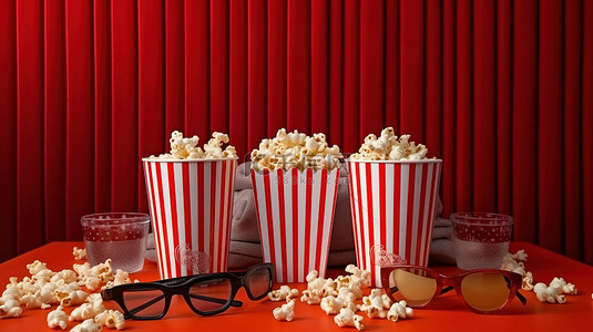 电影之夜布置，配有两个红色条纹盒子，里面装满爆米花和 3D 眼镜