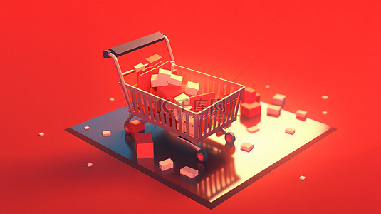 电子商务海报背景背景图片_在线购物概念 3D 渲染带有红色背景纸板箱的购物车