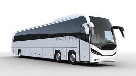 旅游交通背景图片_白色旅游巴士停在公交车站旁，白色背景 3D 插图