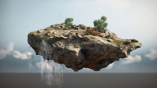 草地树背景背景图片_在 3d 插图浮动岩石和土地碎片中飞行平面石头的孤立背景