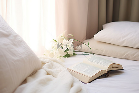 白百合枕头和床上的书