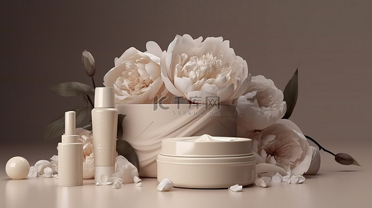 3d花草背景图片_牡丹装饰讲台，展示化妆品 3D 渲染与奶油